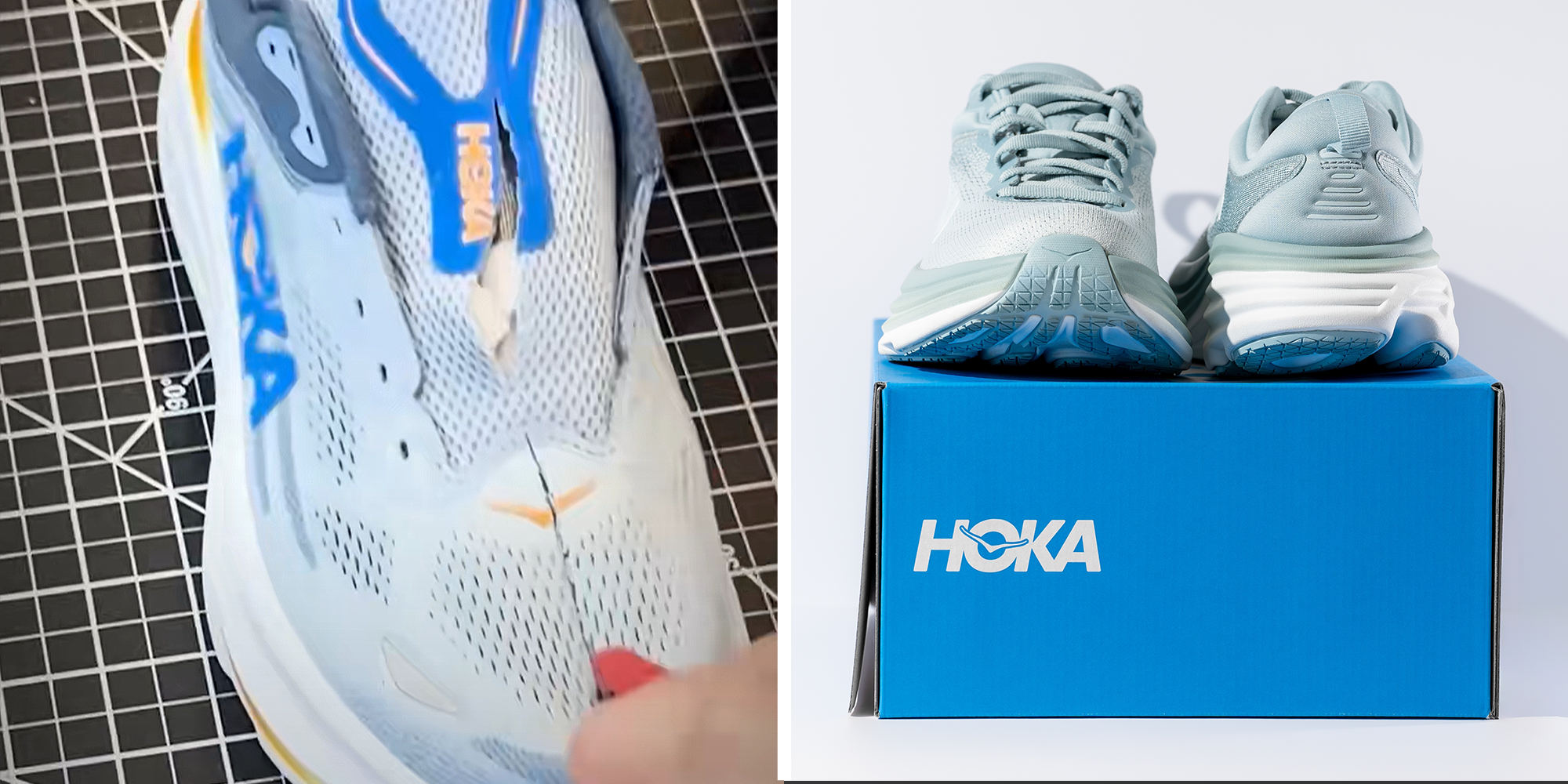 2 image split. Hokas being cut in half on left. Hokas on shoebox on right.