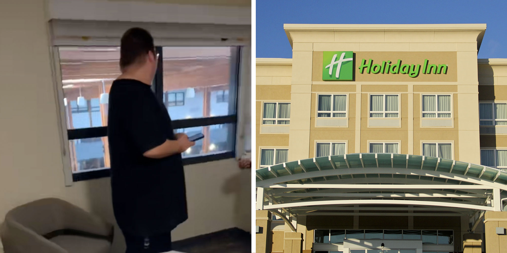 Screenshot from @boymom3715's Tiktok of a man in a hotel room; Photo of a Holiday Inn.
