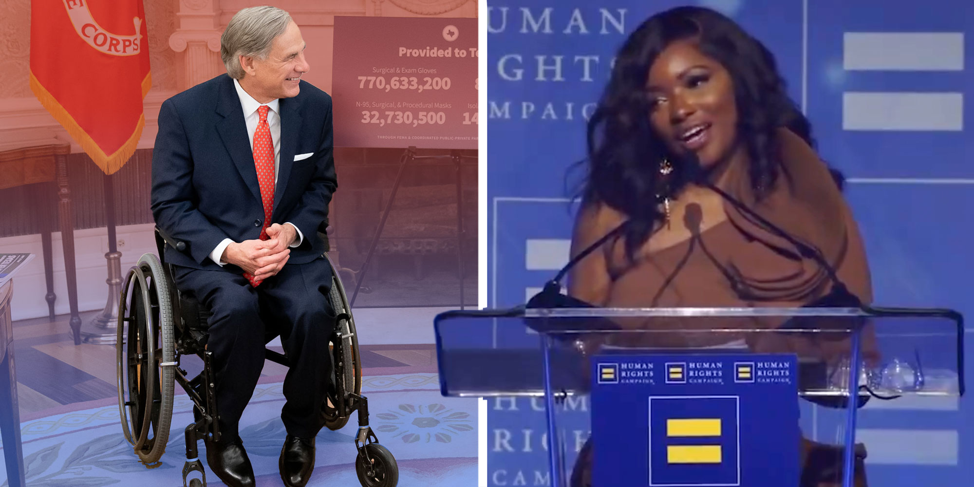 Left: Governor reg Abbott at the White House on May 7, 2020; Screenshot of Rep. Jasmine Crockett from X user @townhallcom's video.
