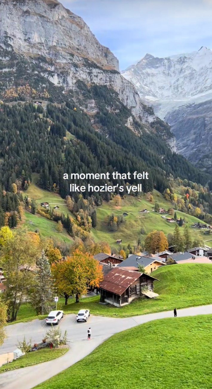 Hozier Yell TikTok of a village in the mountains of Switzerland.