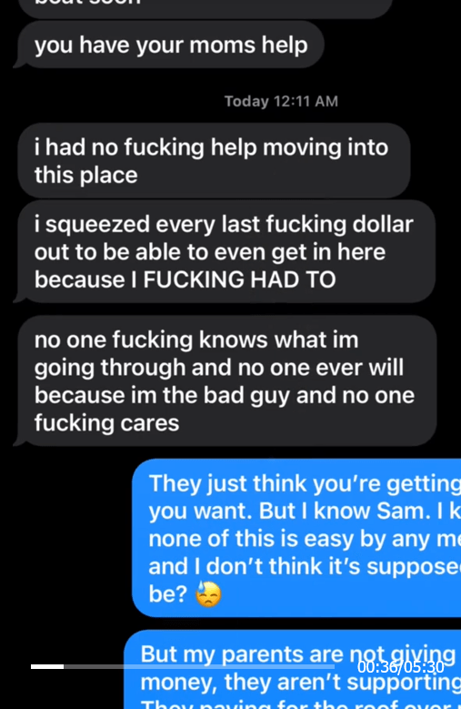 Husband affair iPhone block list TikTok video showing distressed text messages.