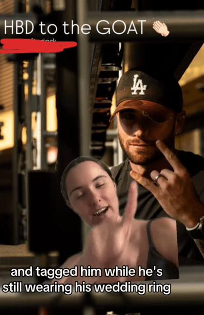 Husband affair iPhone block list TikTok video showing a photo of a man in a hat throwing the horns with a wedding ring on.