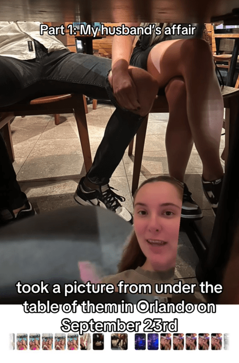 Husband affair iPhone block list TikTok video showing a photo taken under a table with a woman's hand on a man's knee.