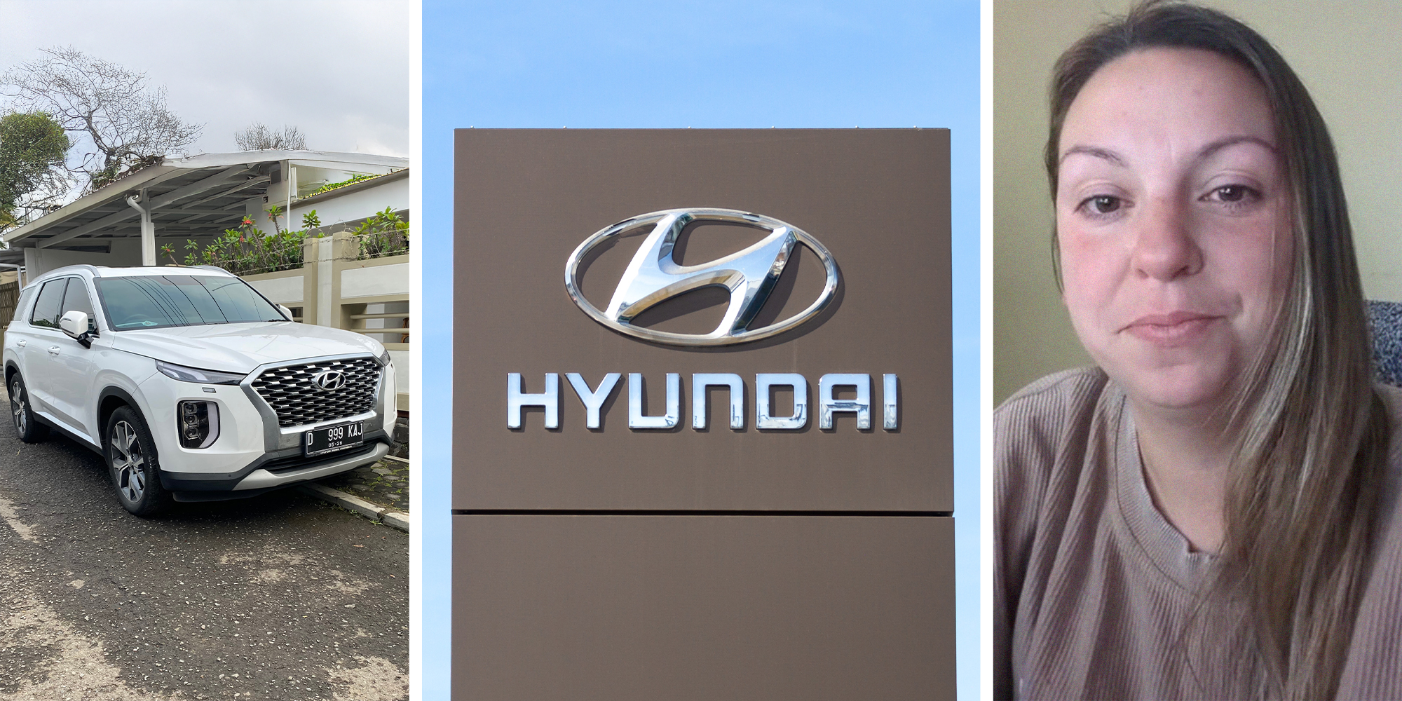 white Hyundai Palisade(l) Hyundai Dealer sign(c) Woman smiling(r)