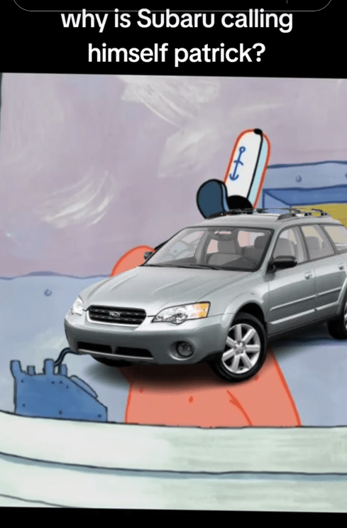 I Call Patrick Subaru meme with Patrick on the phone at the Krusty Krab and a Subaru in place of his head.