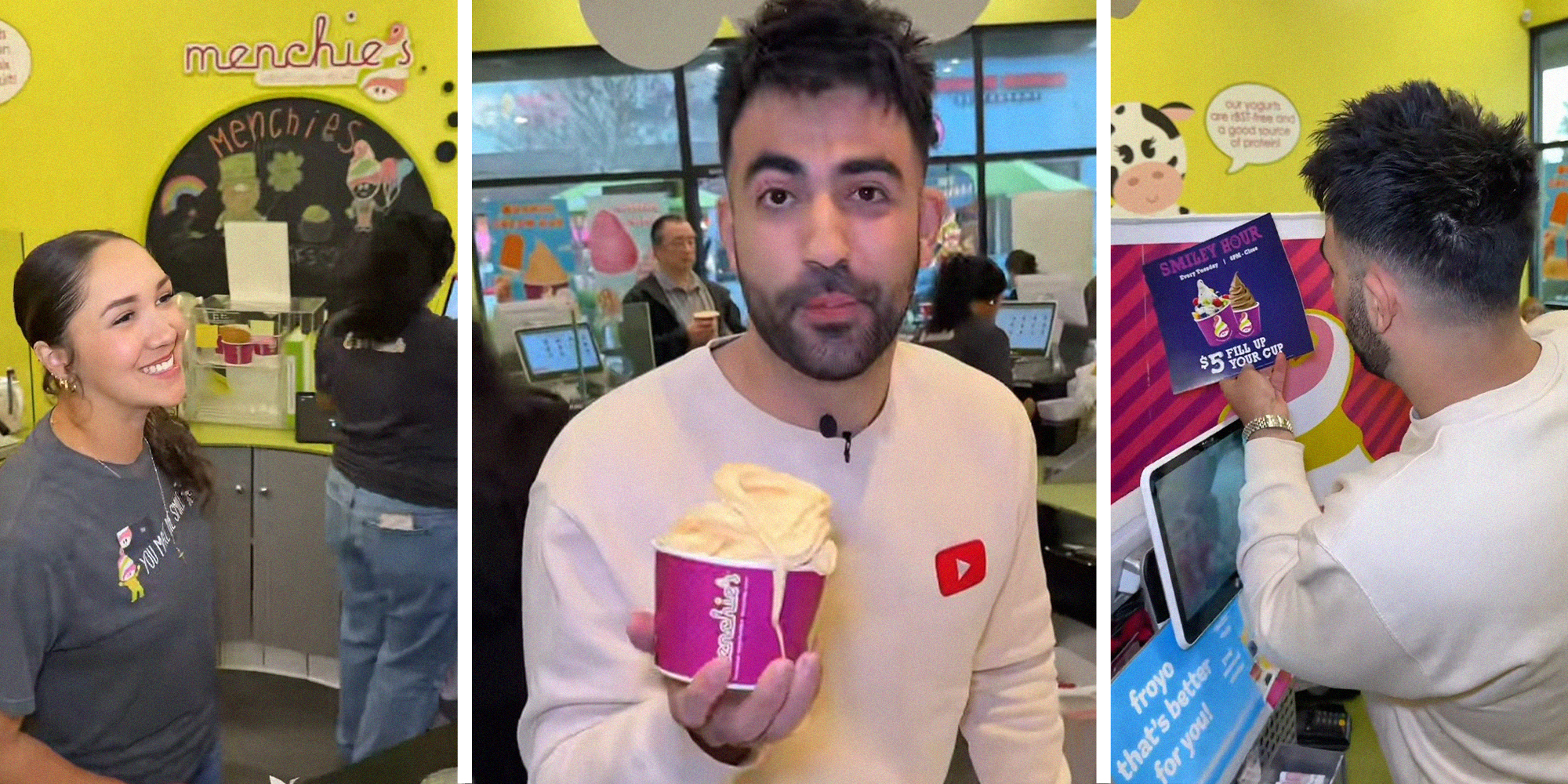 Menchie's Worker(l) Man holding up ice-cream cup(c) Man holding up ice-cream flyer(r)