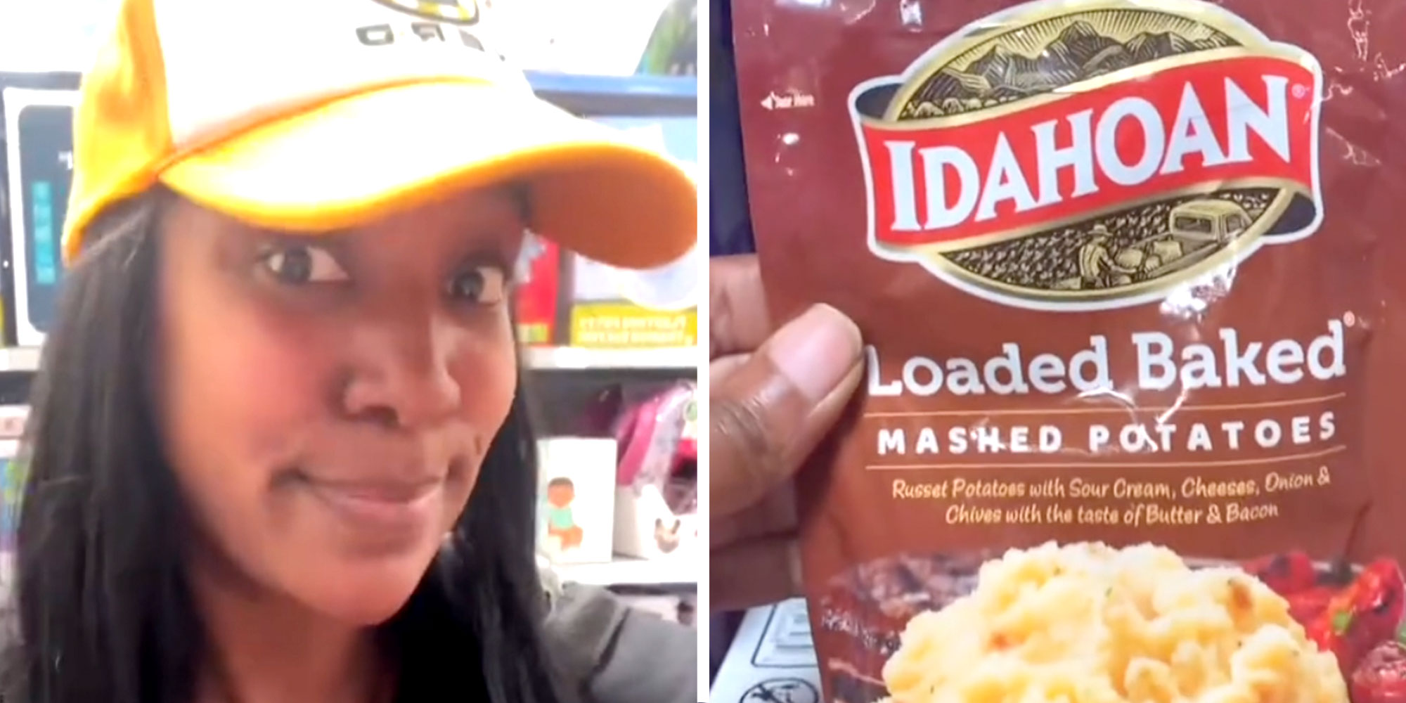 Left: Screenshot of Tiktok user @o_g_deez; Right: Screenshot of Tiktok user @o_g_deez holding a bag of Idahoan Loaded Baked Mashed Potatoes.