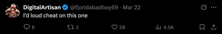 response to @josh_uglyasf on X from user @floridabadboy69 reads "I'd loud cheat on this one"