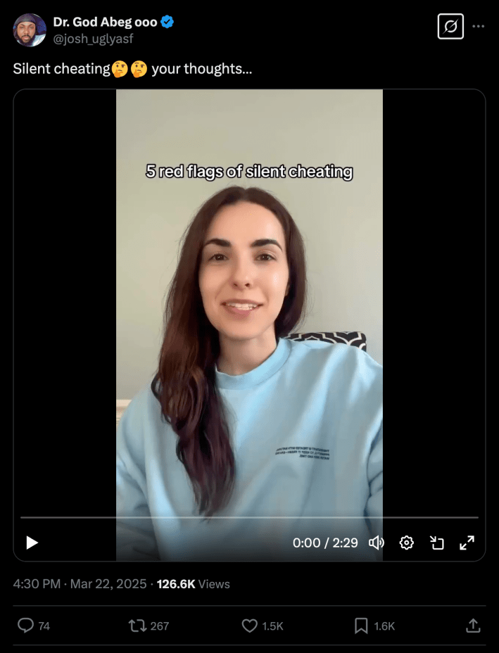 post from @josh_uglyasf's X account reposts @beyondthebruise's TikTok video and reads "silent cheating, your thoughts?"