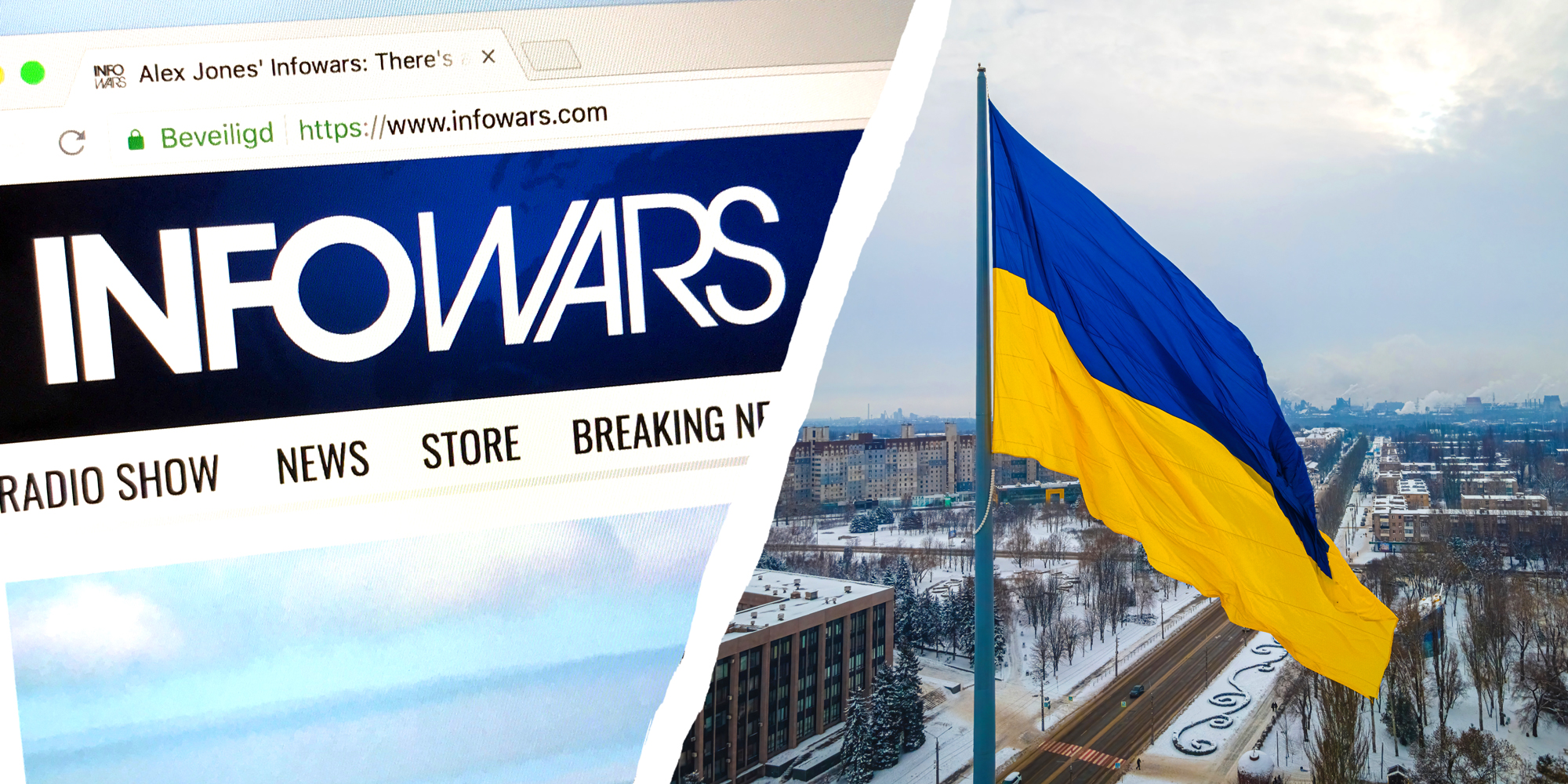 2 panel image: on the left is the masthead of Infowars website. On the right the Ukrainian flag flies.