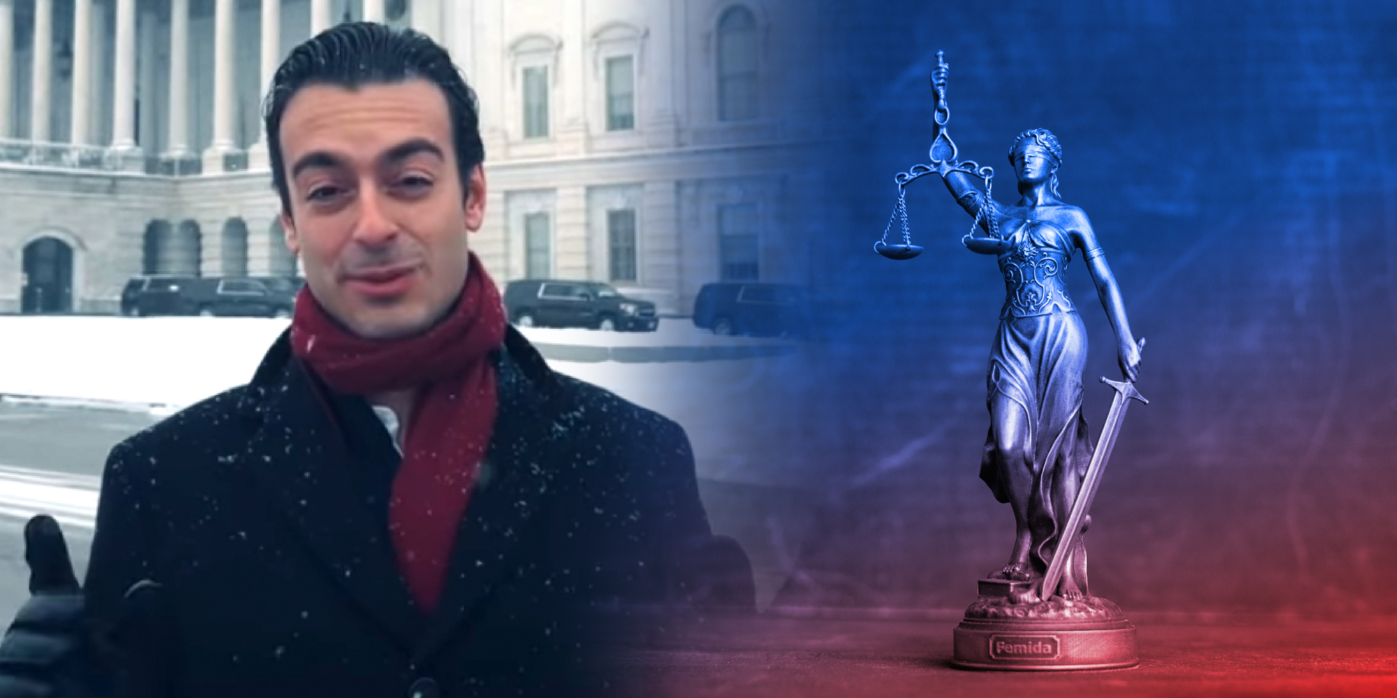photo collage of Paul Ingrassia and a statue of Lady Justice.