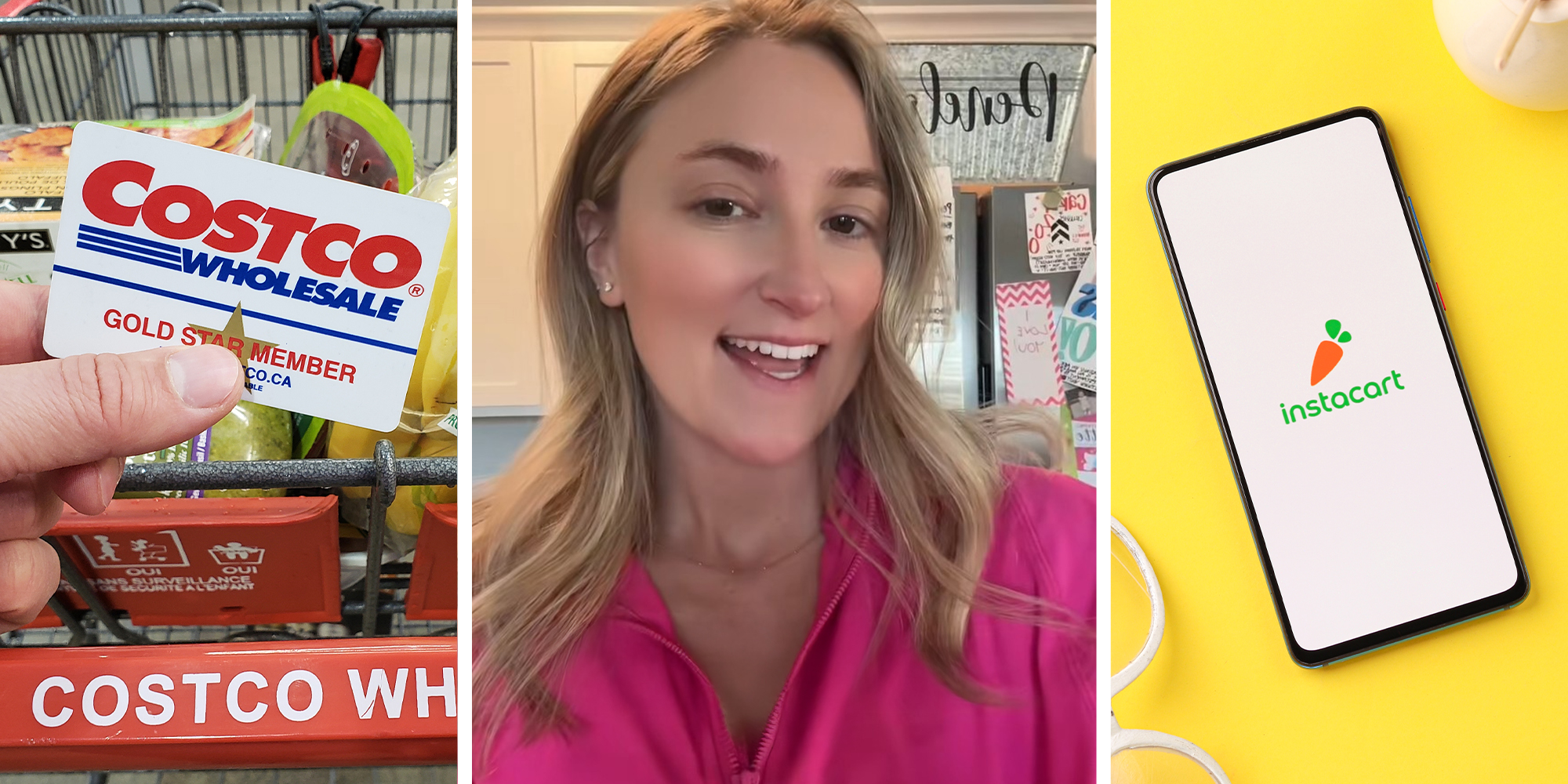 Costco Wholesale Gold Star Card(l) Woman smiling(c) Instacart logo on phone display(r)