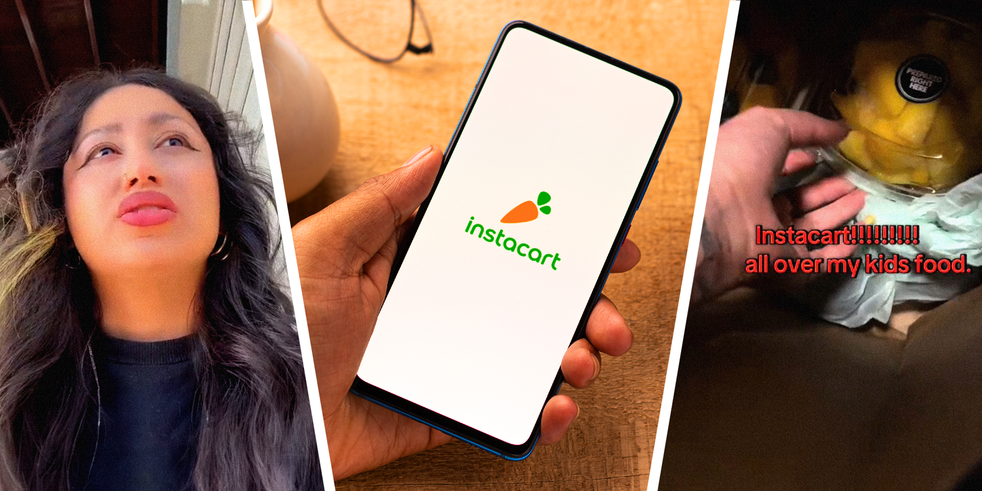 3 panel image: left to right- a person explains, in the middle the instacart on a phone, and a person reaches into a bag.