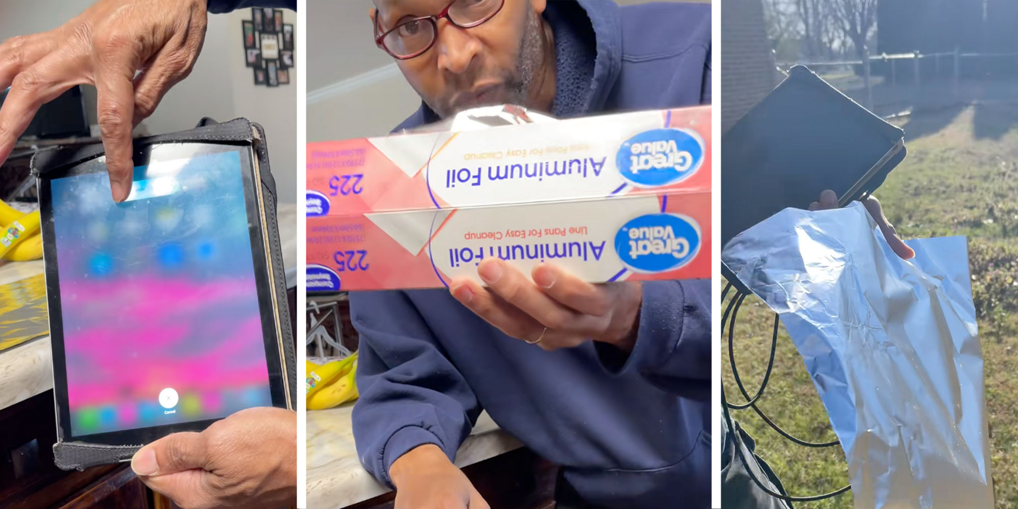 Three side-by-side screenshots from Tiktok user @buddykickstand6060. Left: @buddykickstand6060 holding an IPad; Center: @buddykickstand6060 holding a roll of Great Value Aluminum Foil; Right: @buddykickstand6060 holding an ipad and a slice of aluminum foil in his front yard.