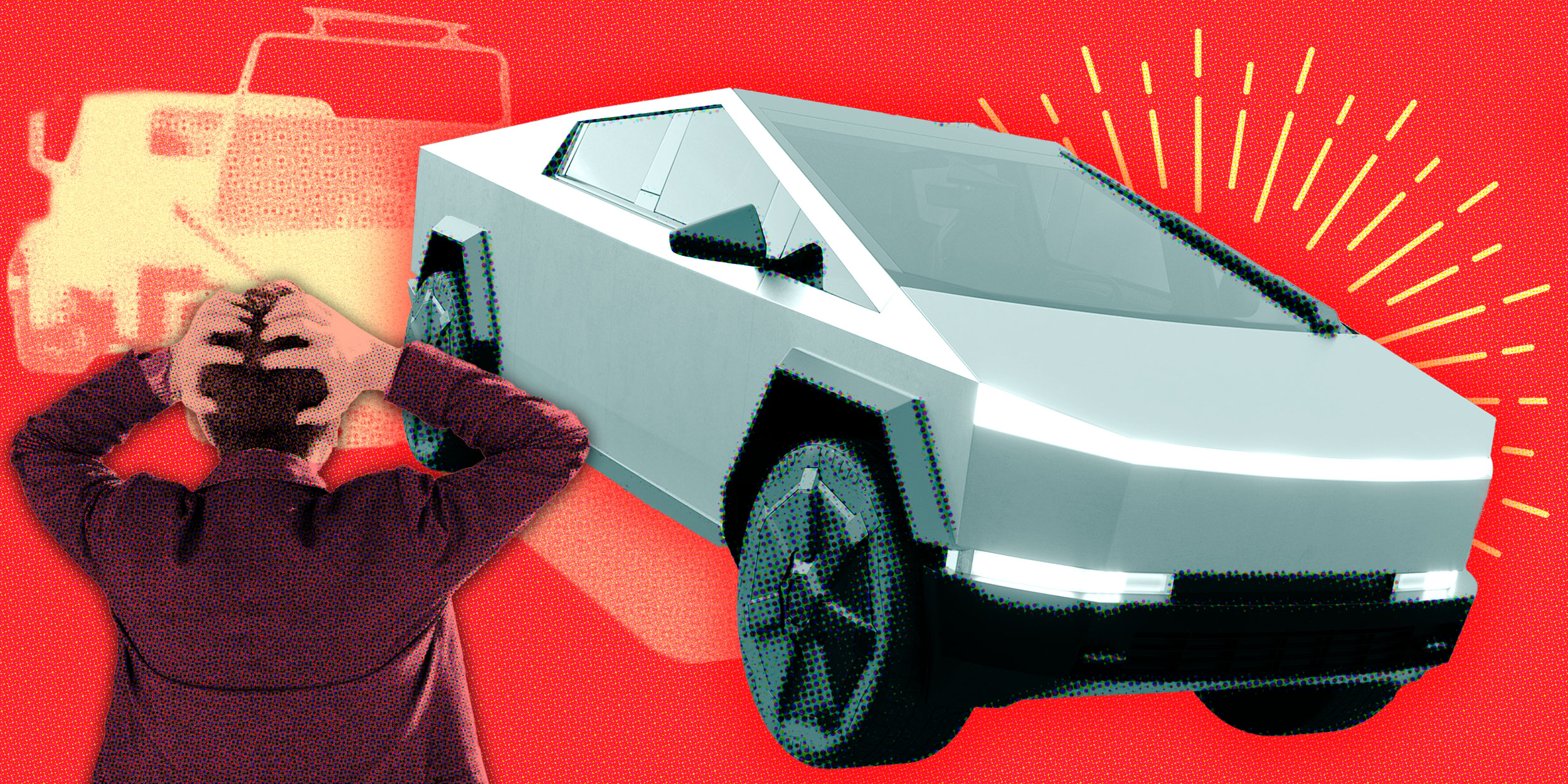 Photo Illustration of a Cybertruck being towed away with a stressed man in the foreground.