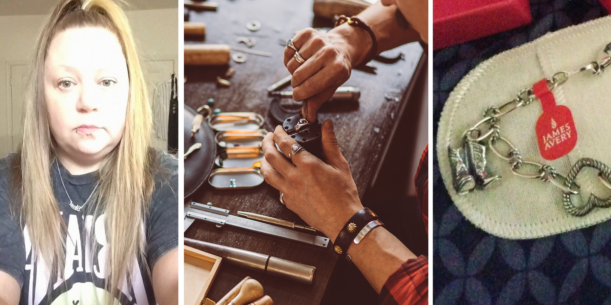 woman shares what happened to her bracelet at James Avery(l) Jewelry cleaner(c) James Avery Bracelet(r)