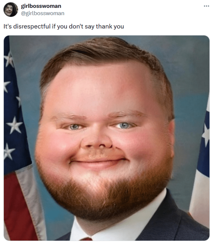 JD Vance Photoshop meme extra baby-faced with text reading "It's disrespectful if you don't say thank you."