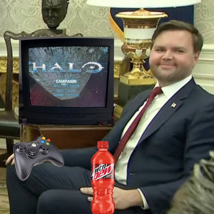 JD Vance Photoshop meme showing him in front of a TV with the Halo launch screen, and Xbox controller, and a Mountain Dew.