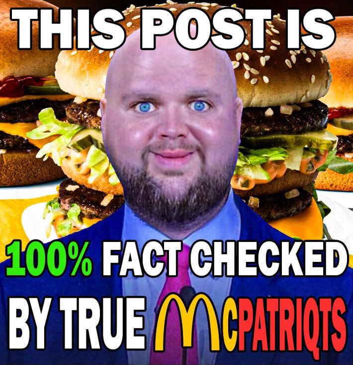 JD Vance Photoshop meme with him in front of burgers and text reading "This post is 100% fact checked by true McPatriqts."