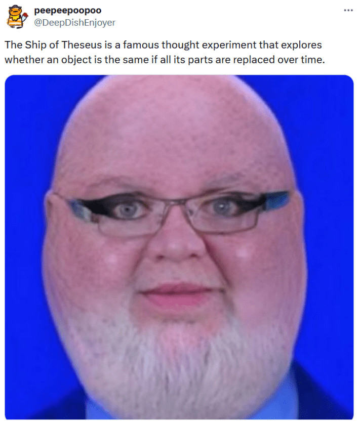 JD Vance Photoshop meme mentioning the Ship of Theseus with the Vice President edited to be bald with a small face and eye makeup and glasses.