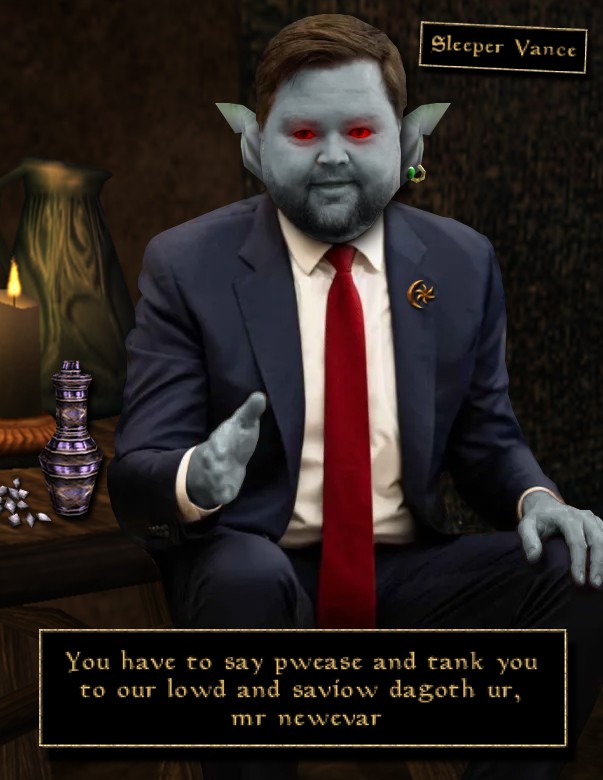 JD Vance Photoshop meme as a dark elf from the video game Morrowind.