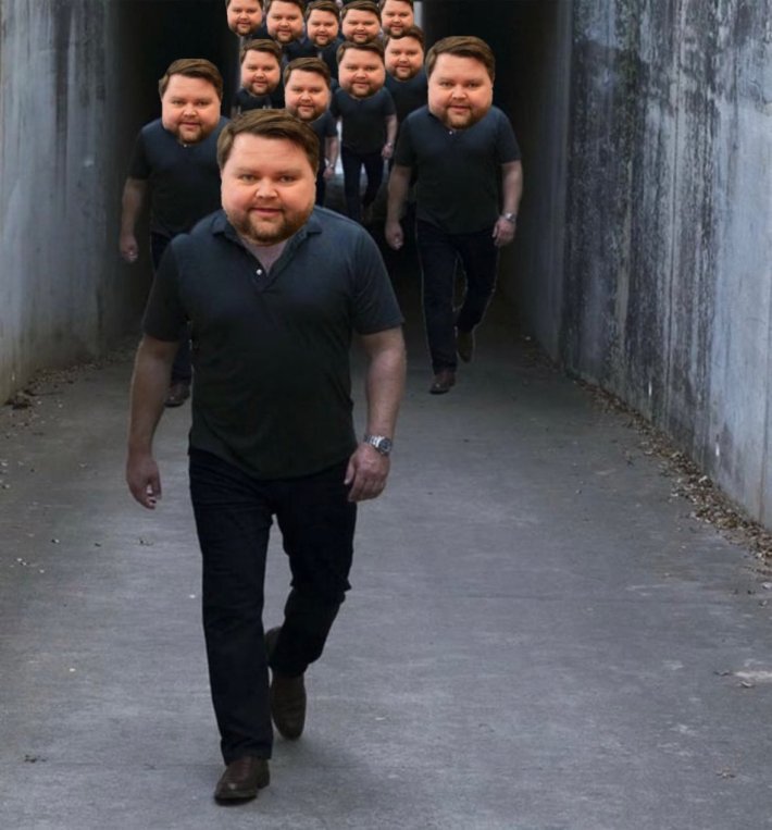 JD Vance Photoshop meme with a gaggle of baby-faced Vance clones walking down a corridor.
