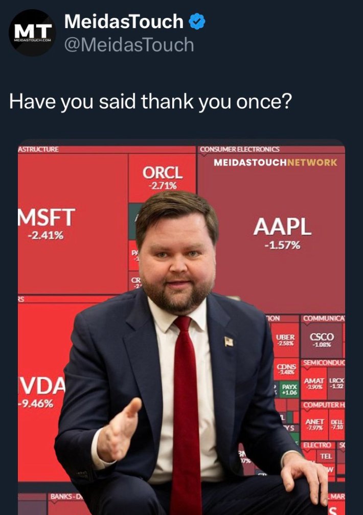 JD Vance Photoshop meme with him sitting in front of a chart showing stock market losses baby-faced and asking "have you said thank you once?"