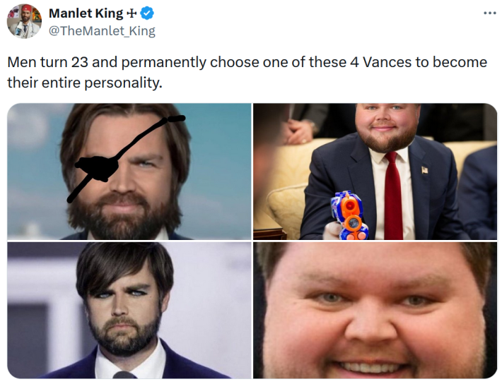 Tweet with four Photoshopped images of JD Vance with text reading reading "Men turn 23 and permanently choose one of these 4 Vances to become their entire personality."
