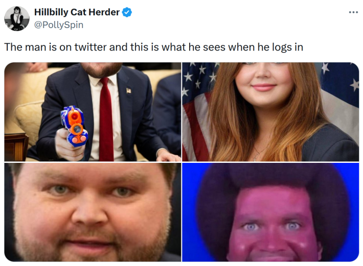 Tweet with four Photoshopped images of JD Vance with text reading "The man is on twitter and this is what he sees when he logs in."
