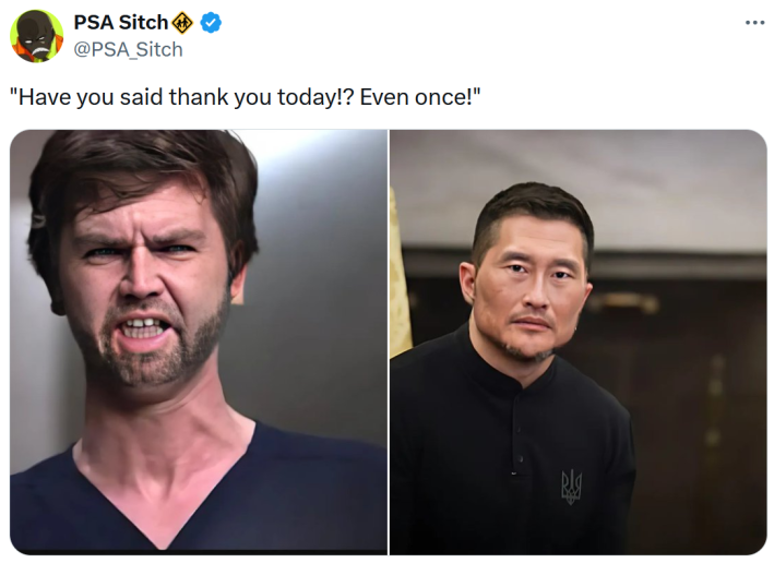 JD Vance Photoshopped as the main character from The Good Doctor and another man staring at him.