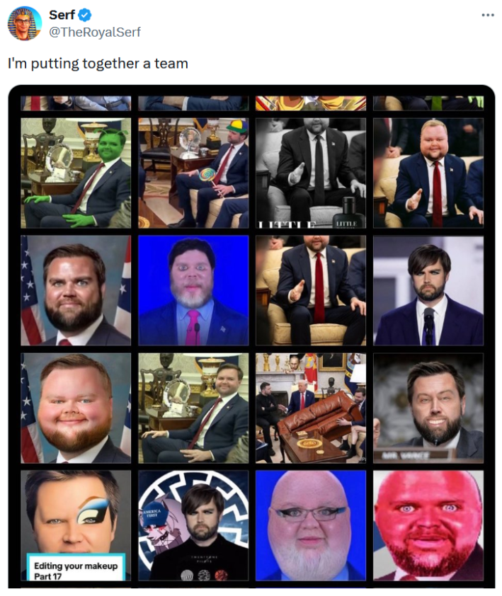 JD Vance Photoshop meme showing many examples under the text "I'm putting together a team."