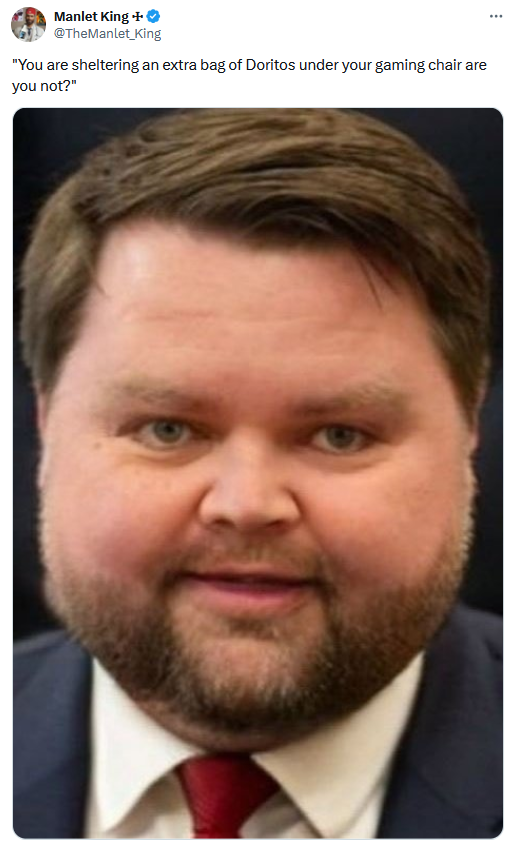 JD Vance Photoshop meme with a baby-faced version asking "You are sheltering an extra bag of Doritos under your gaming chair are you not?"