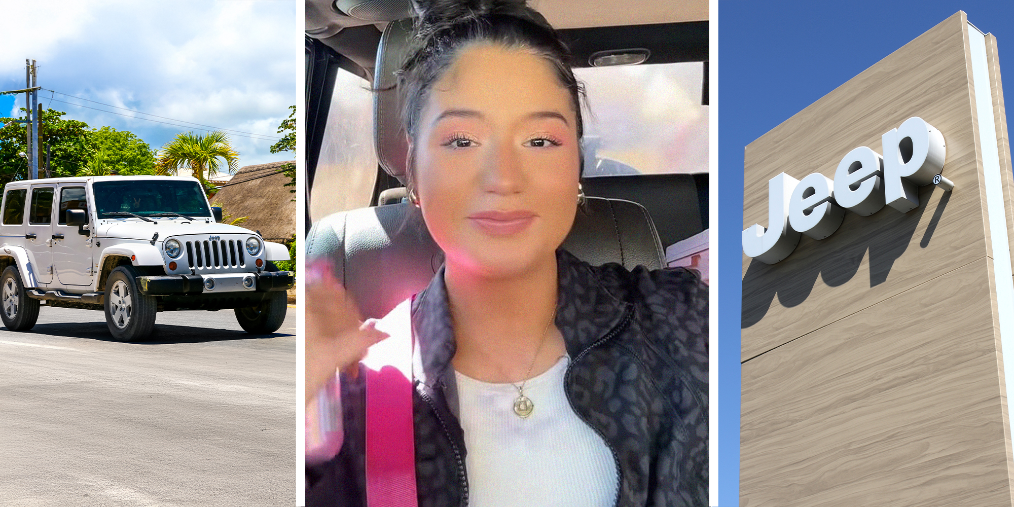 Jeep Wrangler(l) Woman shares what happen to her car when she took it to a car wash(c) Jeep Dealer Sign(r)