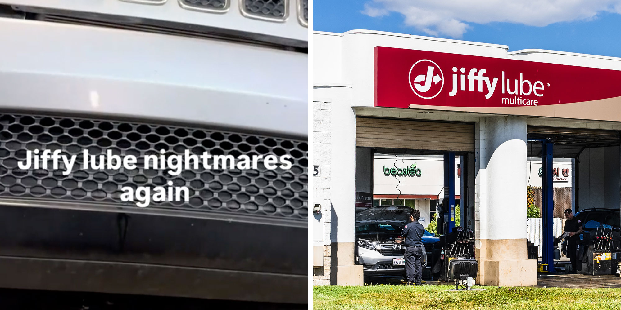 Left: Screenshot from Tiktok user @harrisautomotive of the front grills of a Jeep with the caption "Jiffy lube nightmares again"; Photo of a Jiffy Lube exterior.