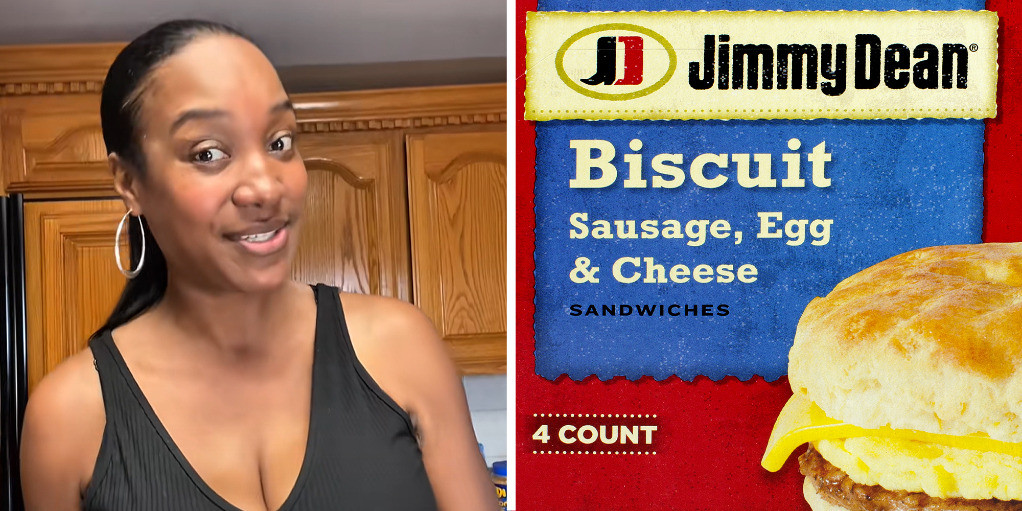 2 image split. Woman in kitchen on left. Box of Jimmy Dean's sausage biscuits on right.