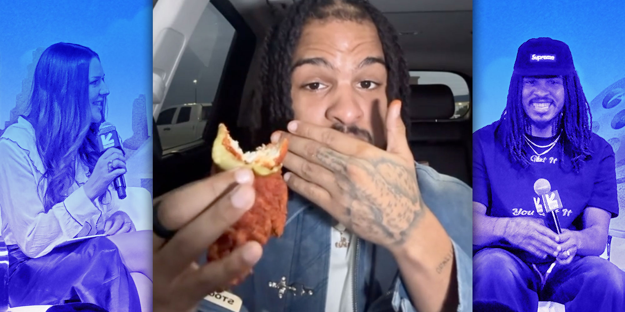 A screenshot from @keith_lee125's Tiktok of Keith Lee eating a Dave's Hot Chicken tender; A photo of Keith Lee at SXSW