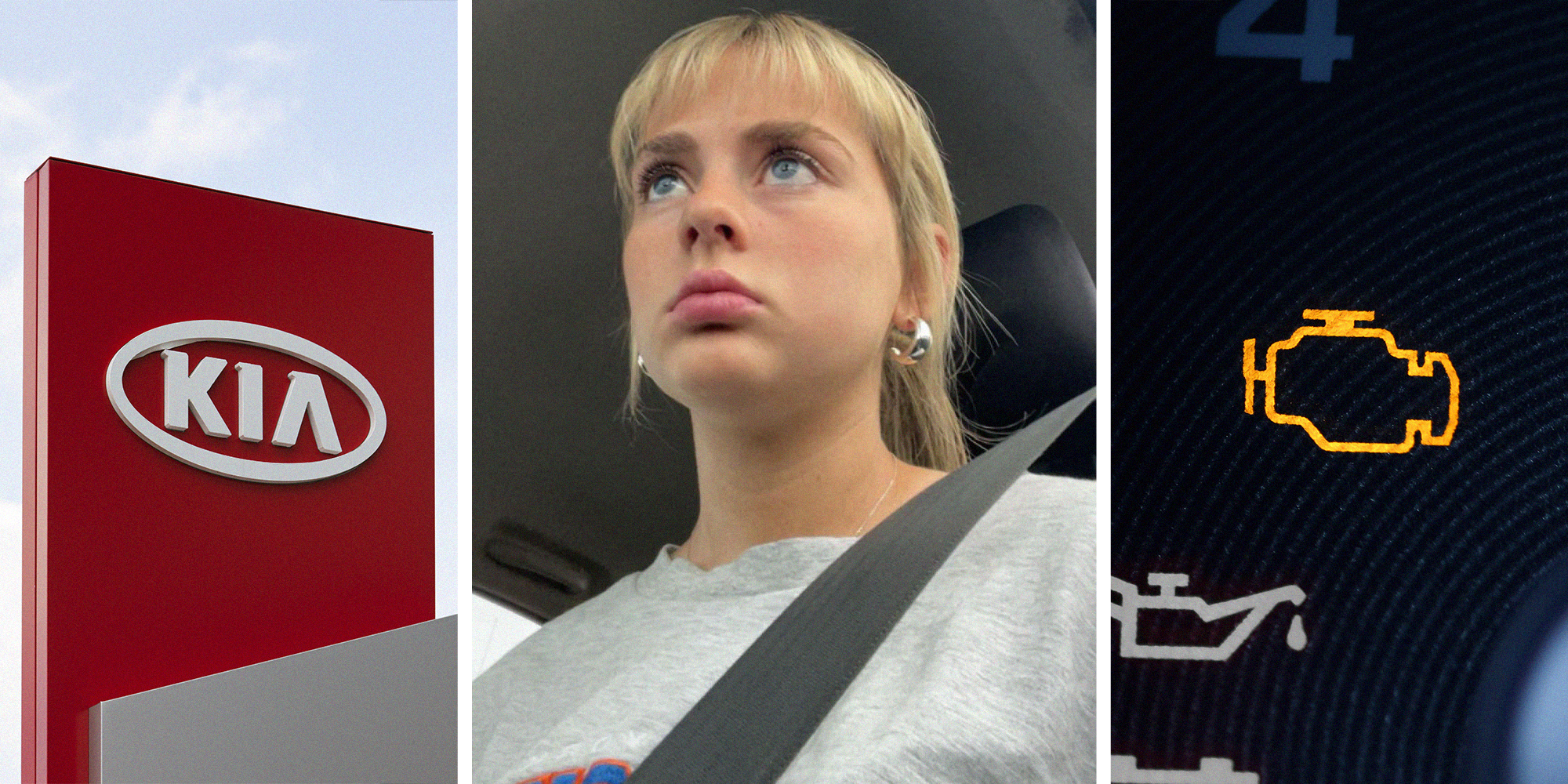 Kia dealer sign(l) Woman looking disappointed inside of her vehicle(c) Check engine light from vehicle dash close up(r)