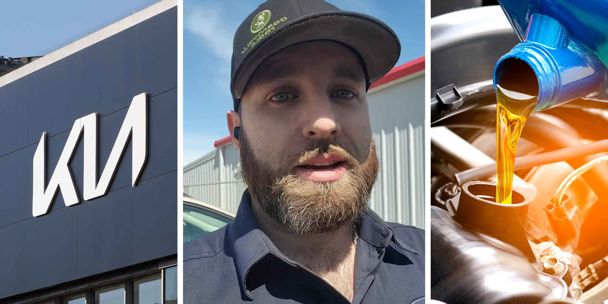 Kia Dealer Sign(l) Man shares what a kia engine looks like after a certain amount of miles(c) Pouring oil unto engine(r)