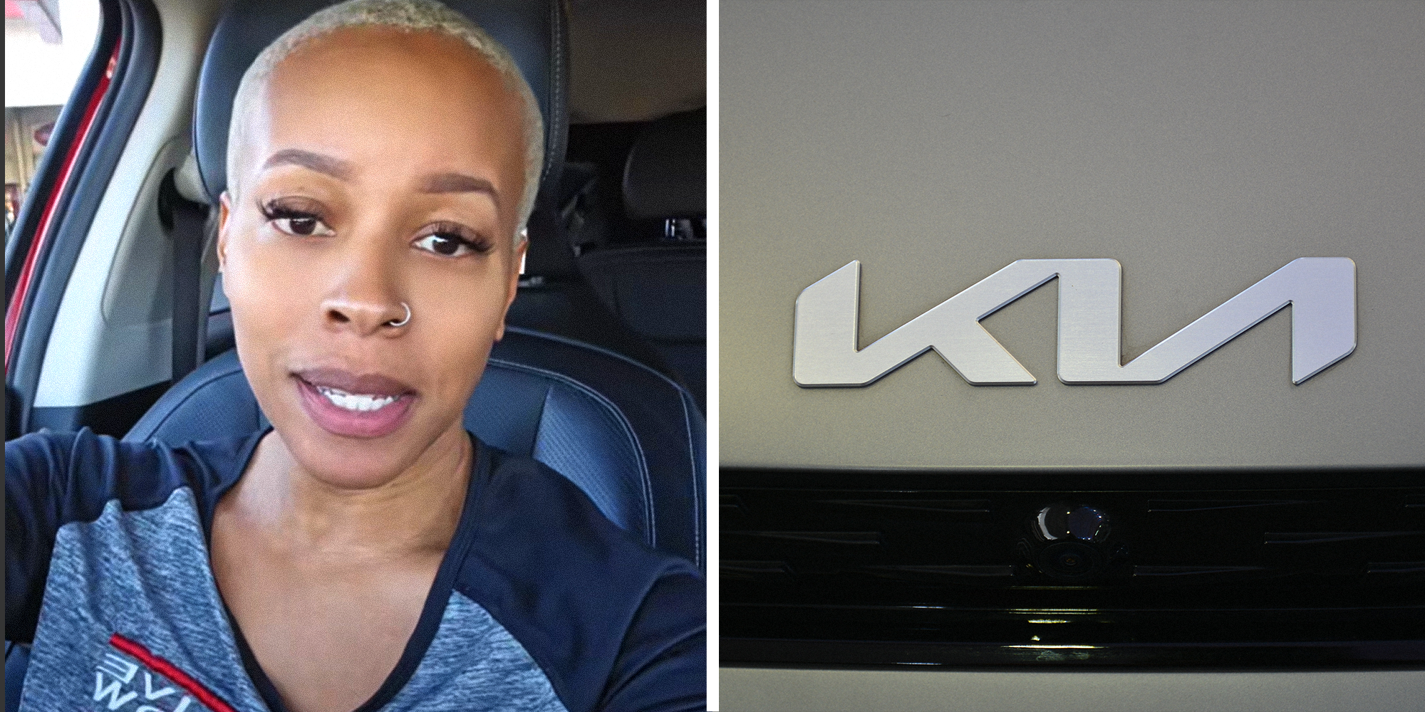 Woman sitting in car on left. Kia on car on right.