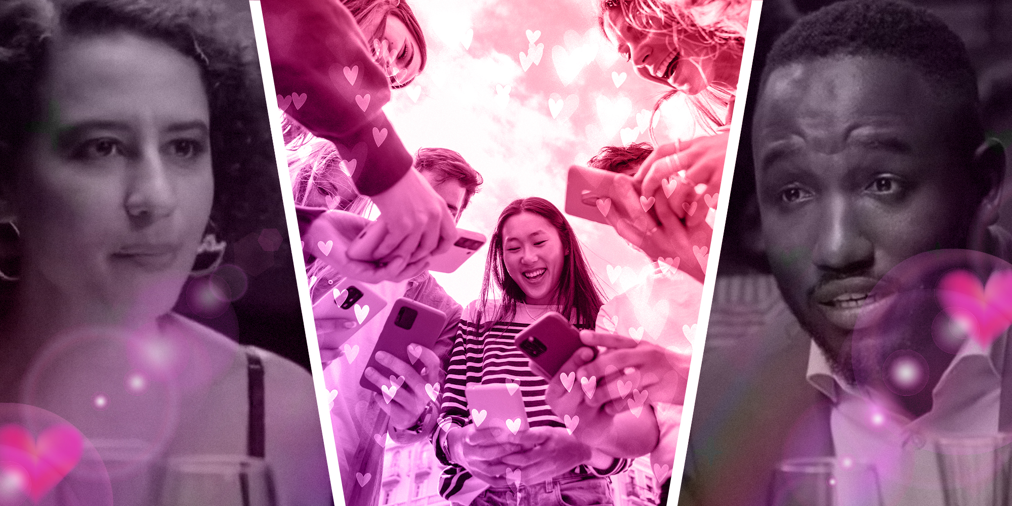 Female character from Broad City(l) Young teens checking out phones(c) Male Character from Broad City(r)