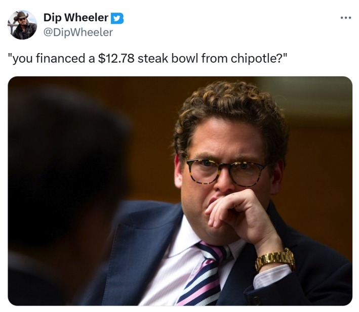 Klarna DoorDash debt meme, text reads, "'you financed a $12.78 steak bowl from chipotle?'" with a photo of Jonah Hill in a suit biting his fingernail.