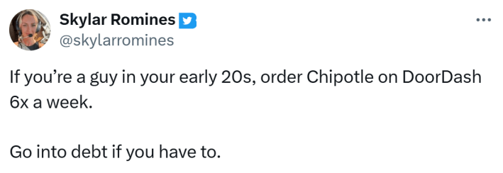 Klarna DoorDash debt meme, text reads, "If you’re a guy in your early 20s, order Chipotle on DoorDash 6x a week. Go into debt if you have to."
