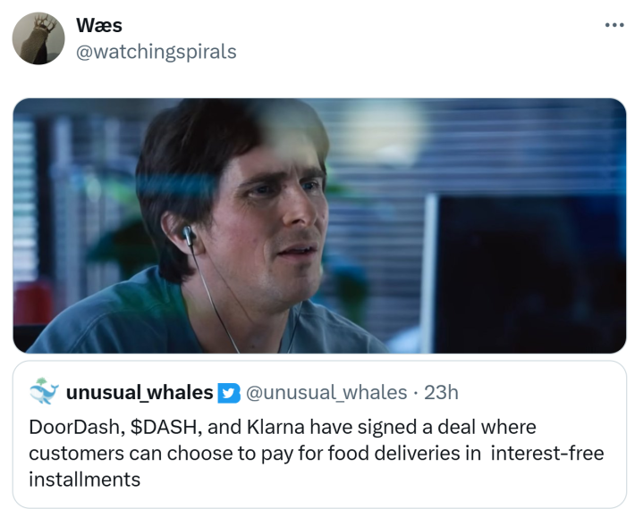 Klarna DoorDash debt meme of Christian Bale with headphones on looking confused at a computer screen.