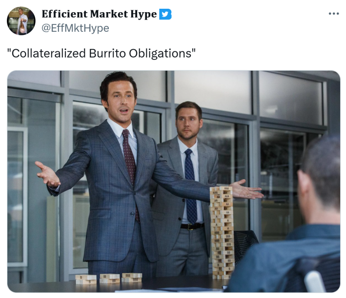 Klarna DoorDash debt meme, text reads, "'Collateralized Burrito Obligations'" with a photo of men in suits in an office playing Jenga.
