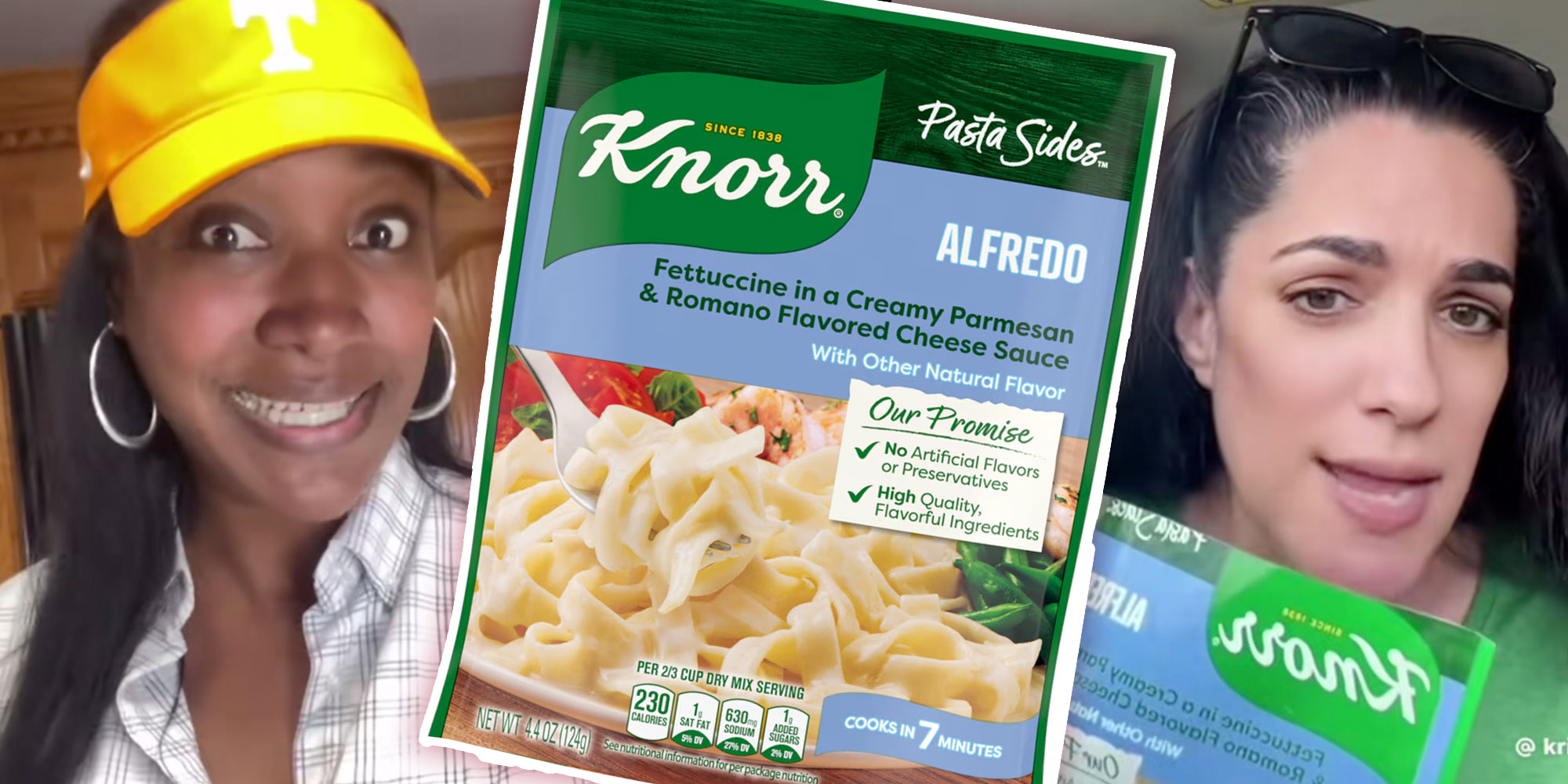 Screenshot of Tiktok user @o_g_deez; Photo of a bag of Knorr Pasta Sides Alfredo; Screenshot of Tiktok user @kristen_genx_ugc