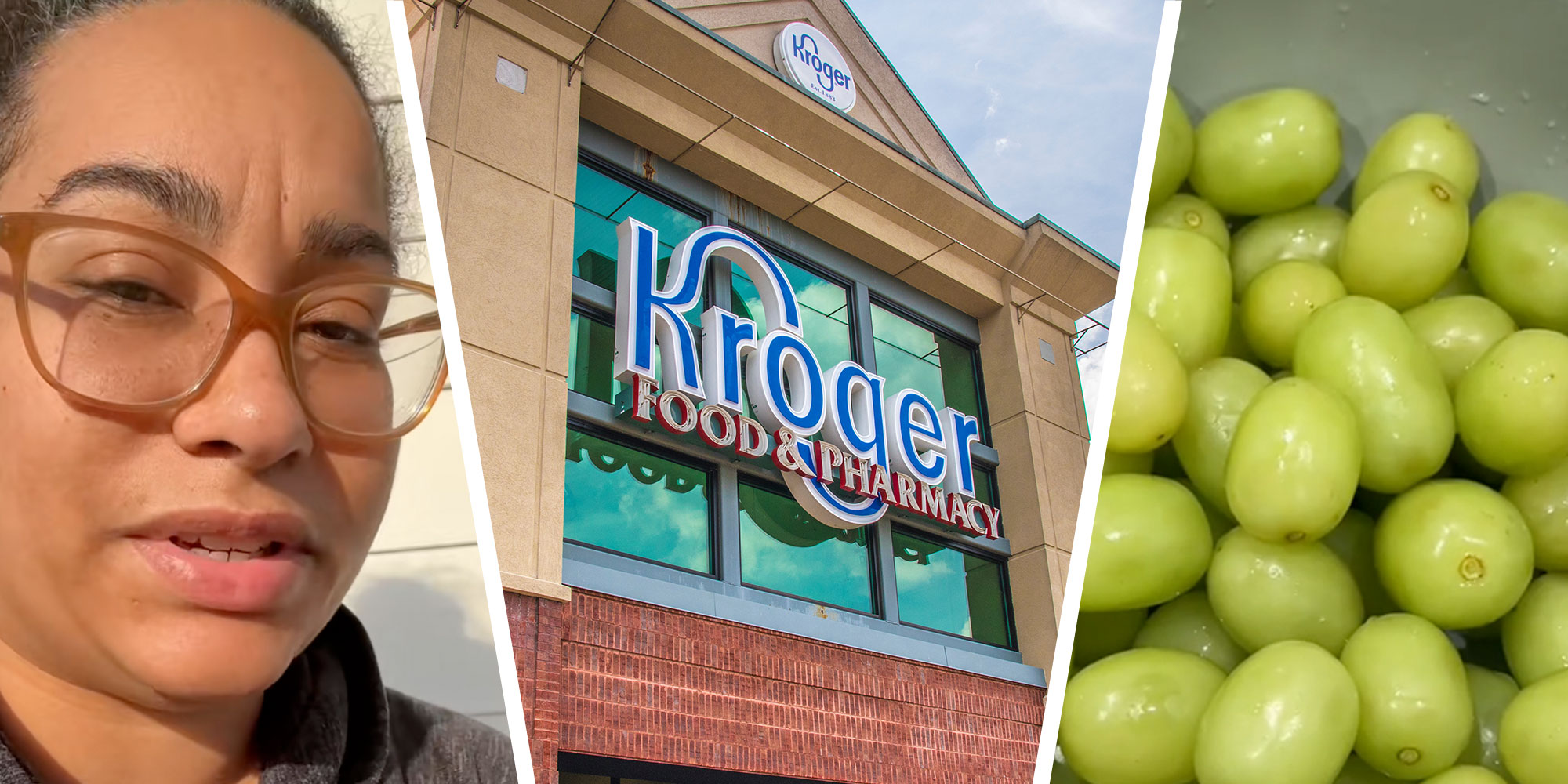 screenshot of Tiktok user @monicaseabourn; Photo of a Kroger exterior; Screenshot from Tiktok user @monicaseabourn of a bowl of large grapes.