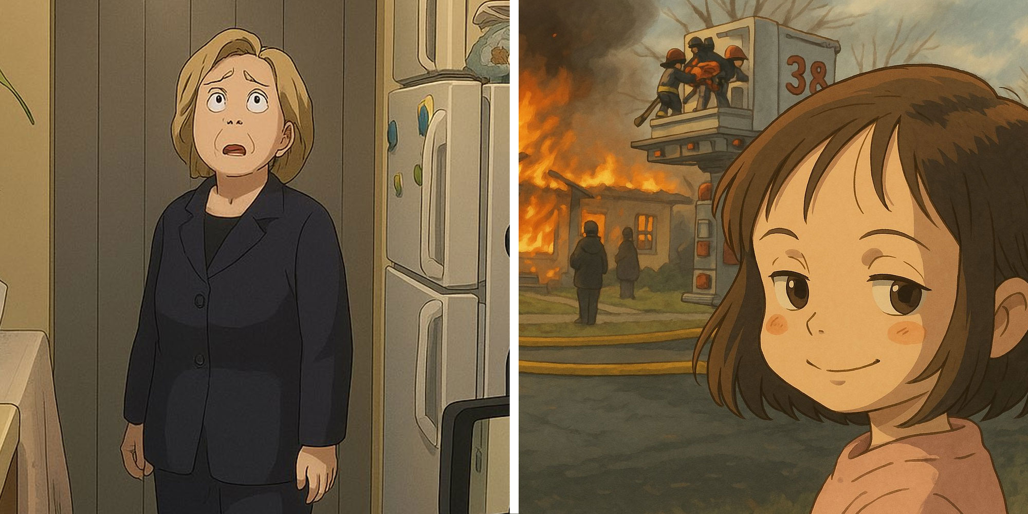 AI generated meme of Hilary Clinton in the Style of Studio Ghibli; AI generated meme of Disaster Girl in the style of Studio Ghibli