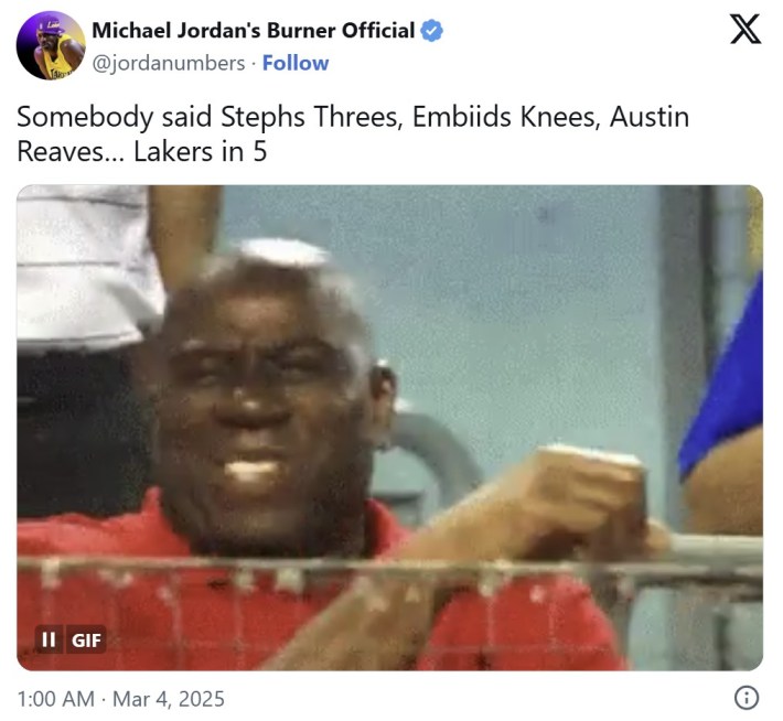 "Somebody said Stephs Threes, Embiids Knees, Austin Reaves, Lakers in 5"