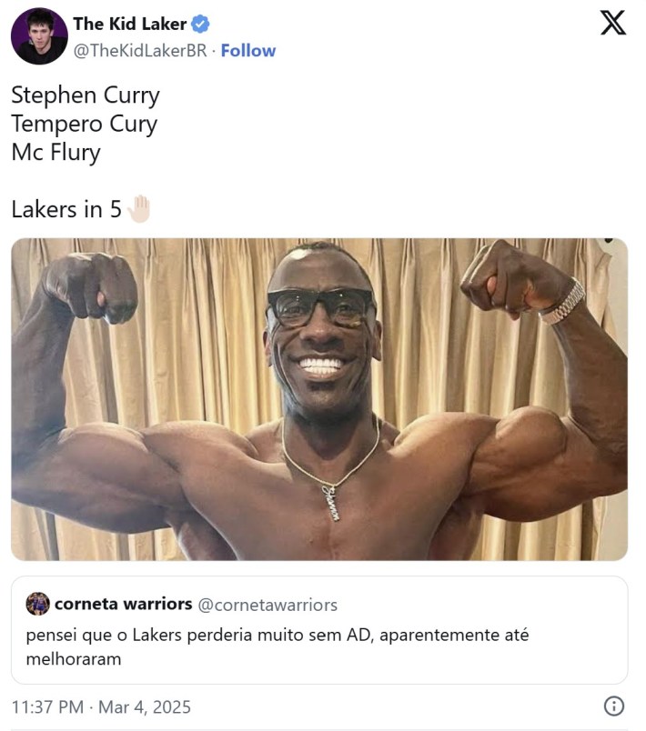 "Stephen CurryTempero CuryMc FluryLakers in 5🤚🏻"