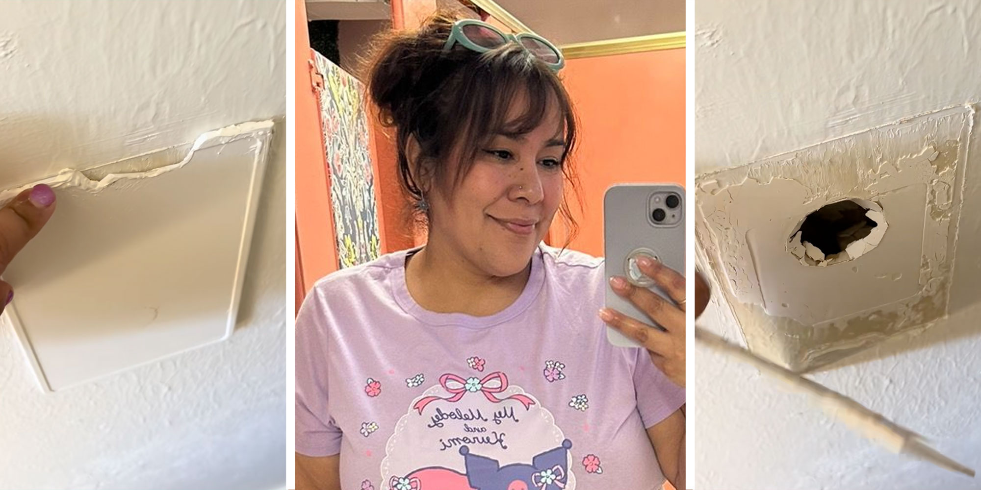 Left: Screenshot from @aliena.215's of a rectangular patch on her wall; Center: Photo of Tiktok user @aliena.215; Right: @aliena.215 pulling off the patch on her wall to reveal a hole.